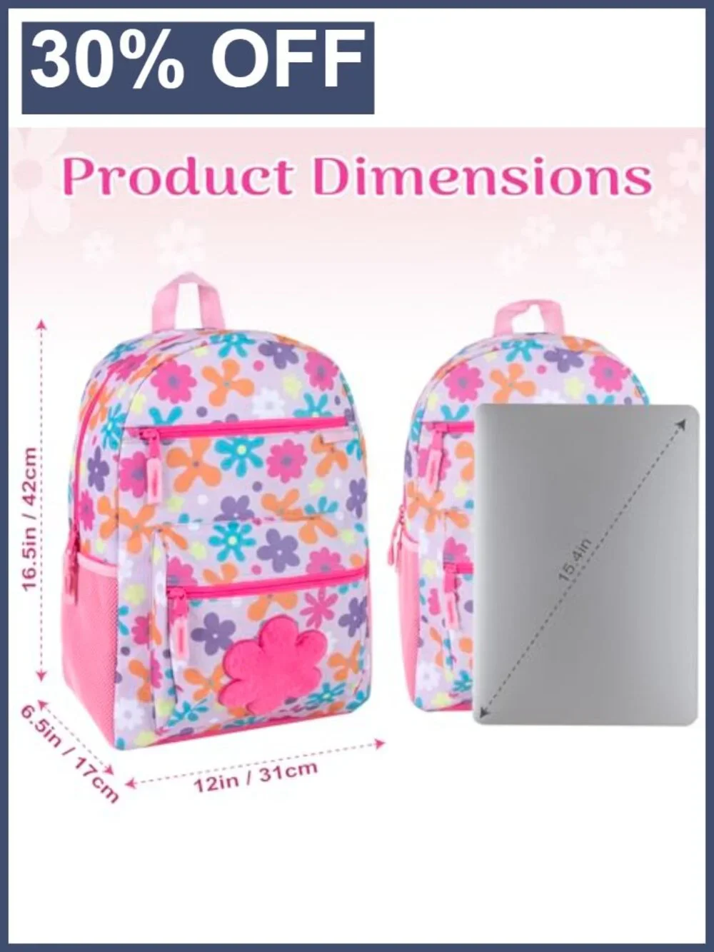 Kids Flower Backpack Plush Girls School Bag with Side Pockets Padded Straps